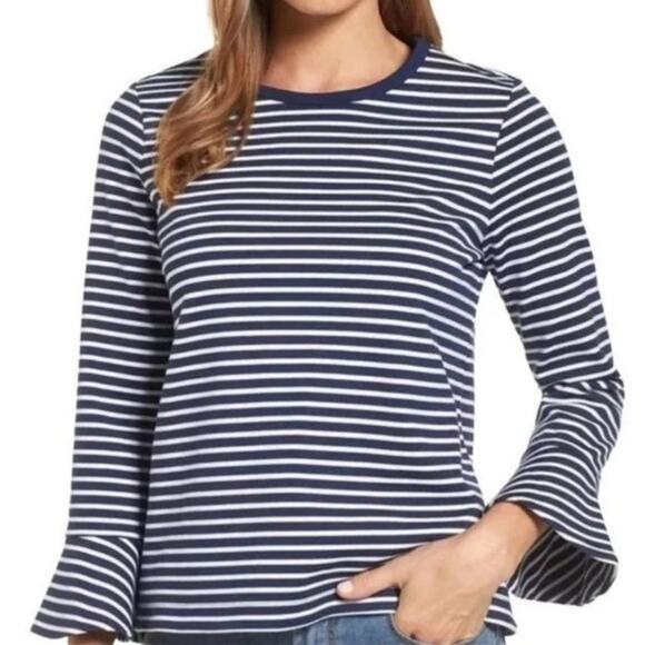 Draper James Sadler Striped Bell Sleeve Navy White Pullover Top Womens Large - Picture 1 of 6